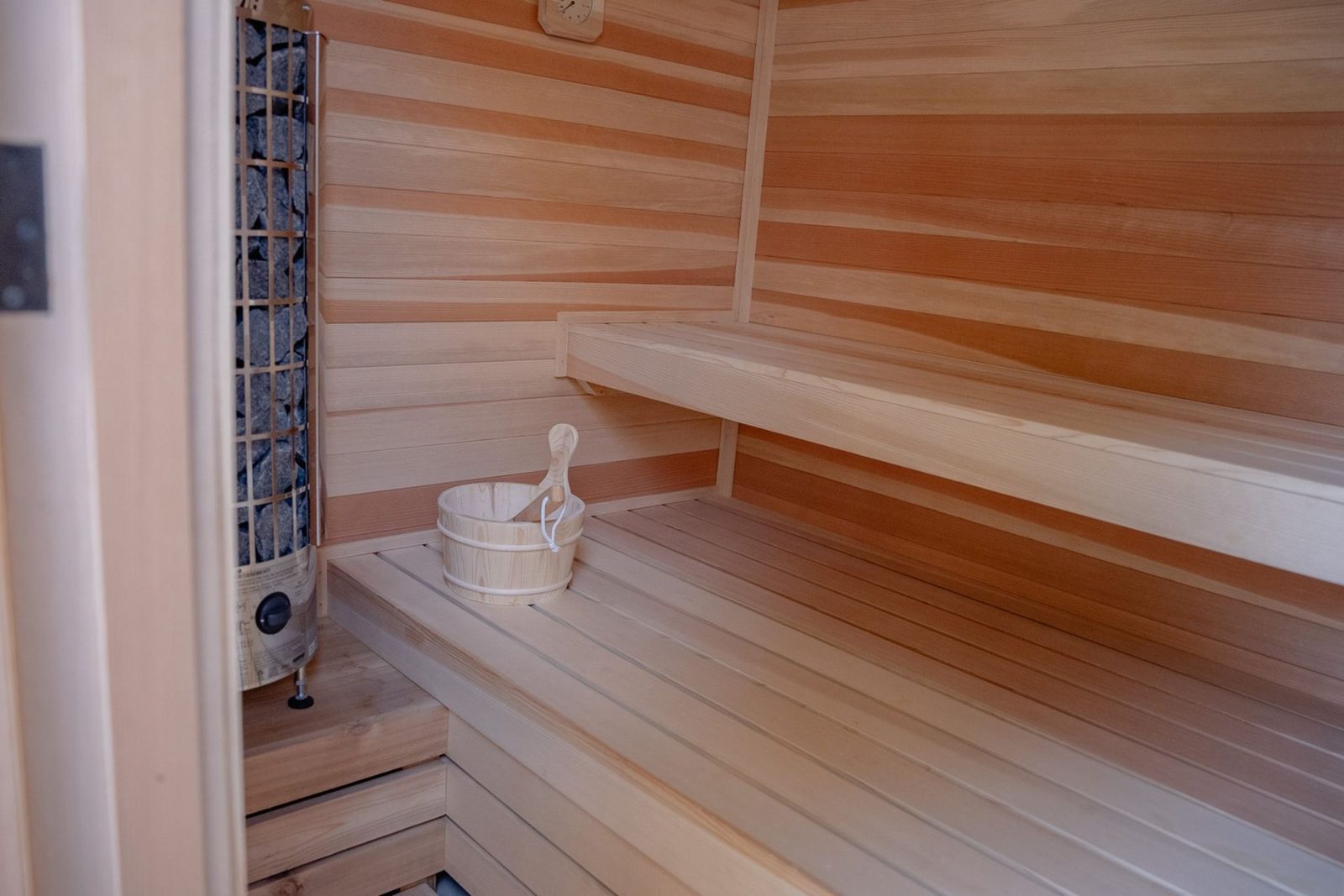 Cedar-lined sauna with bench seating